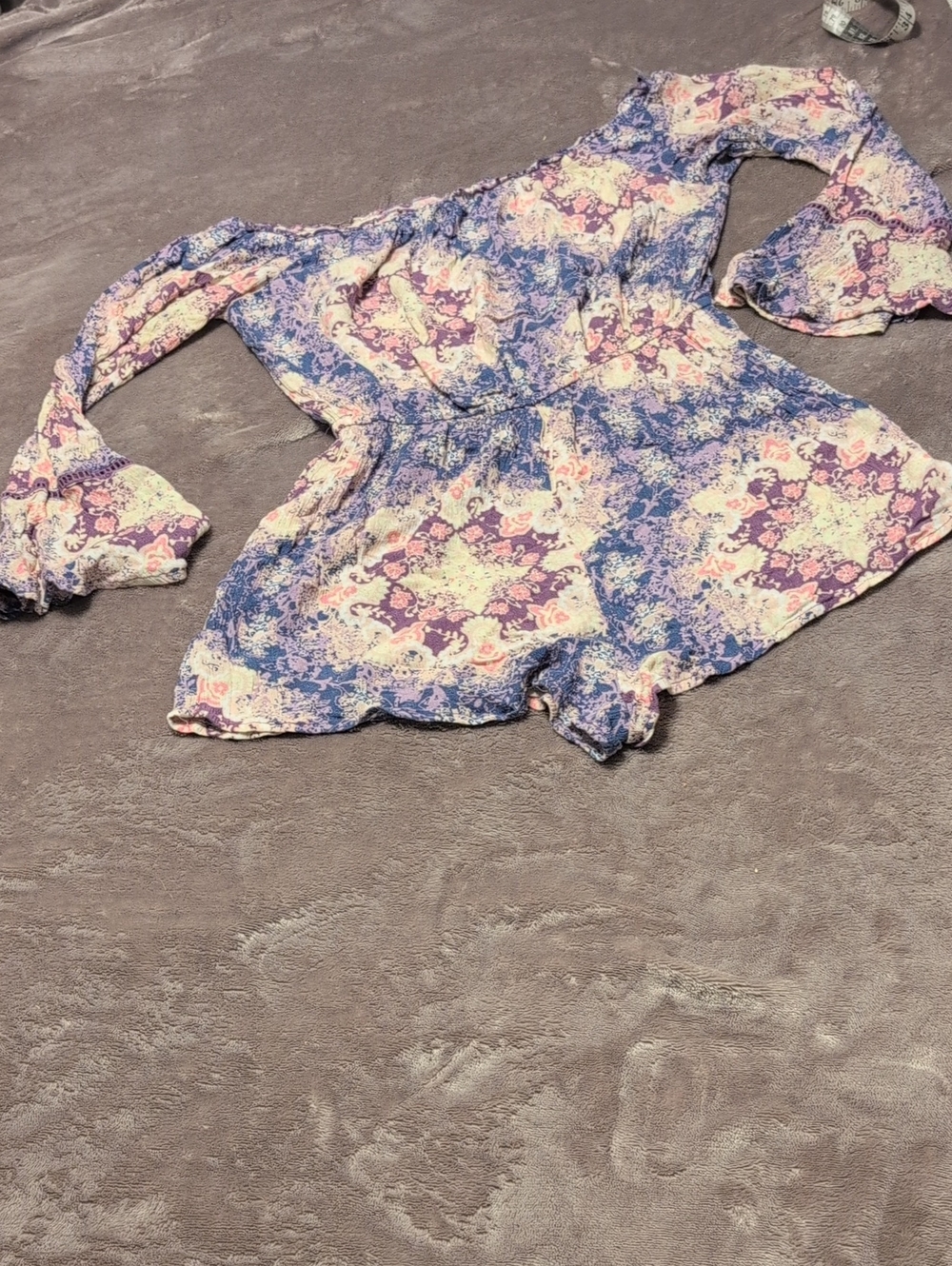 En Creme Off-Shoulder Floral Tunic Romper in Blue and Pink